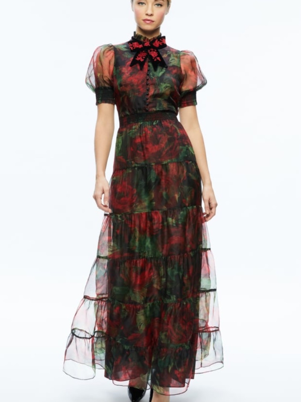 Alice + Olivia Coletta Red Black Silk Tulle Maxi Dress Cloud Floral Bordeaux - 2